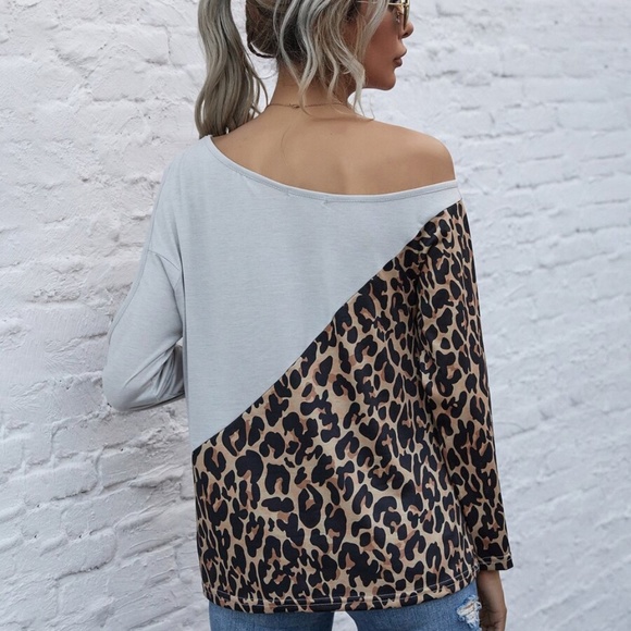 black Leopard print off shoulder long sleeve top - Picture 14 of 15